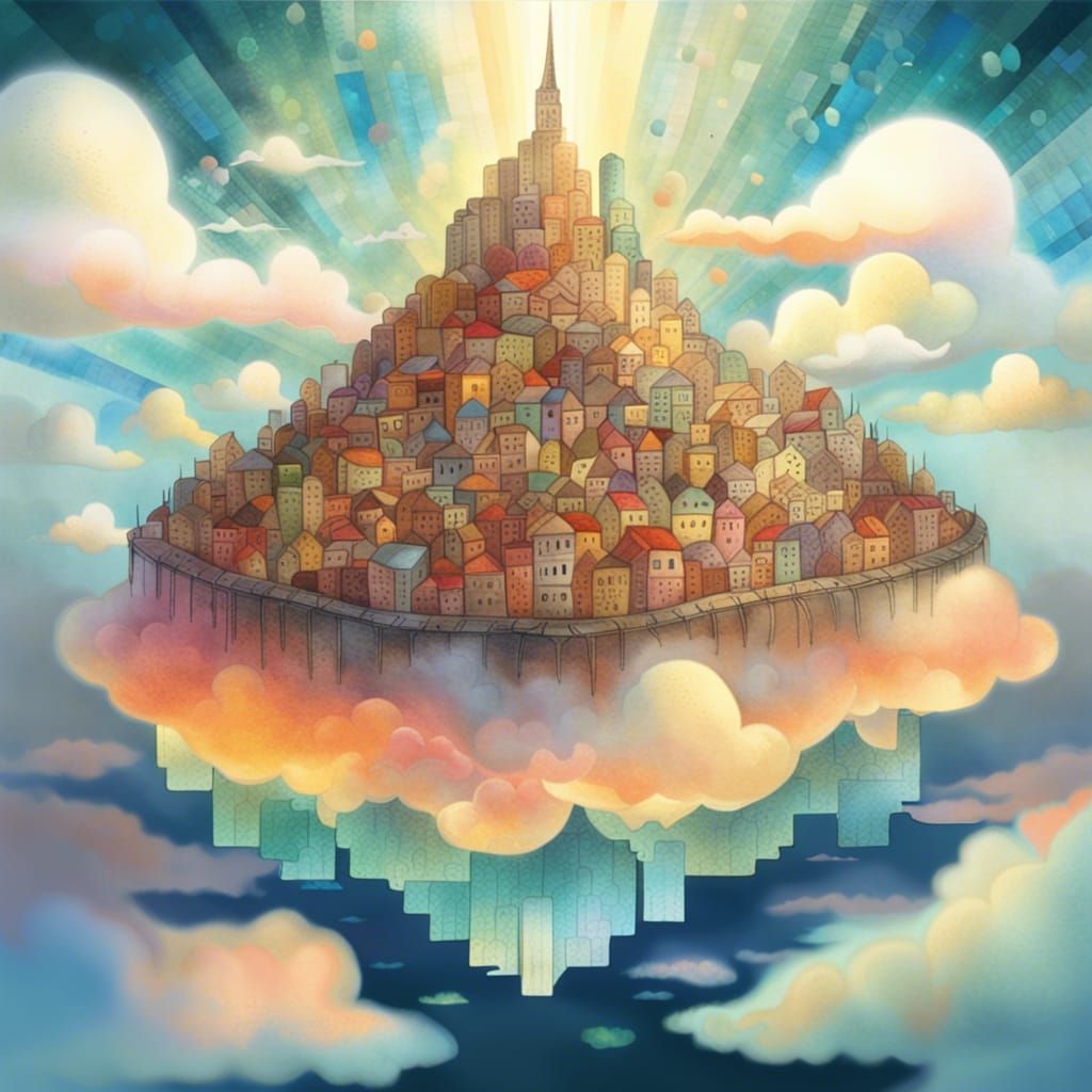 Glowing Cityscape Island Floating in Clouds