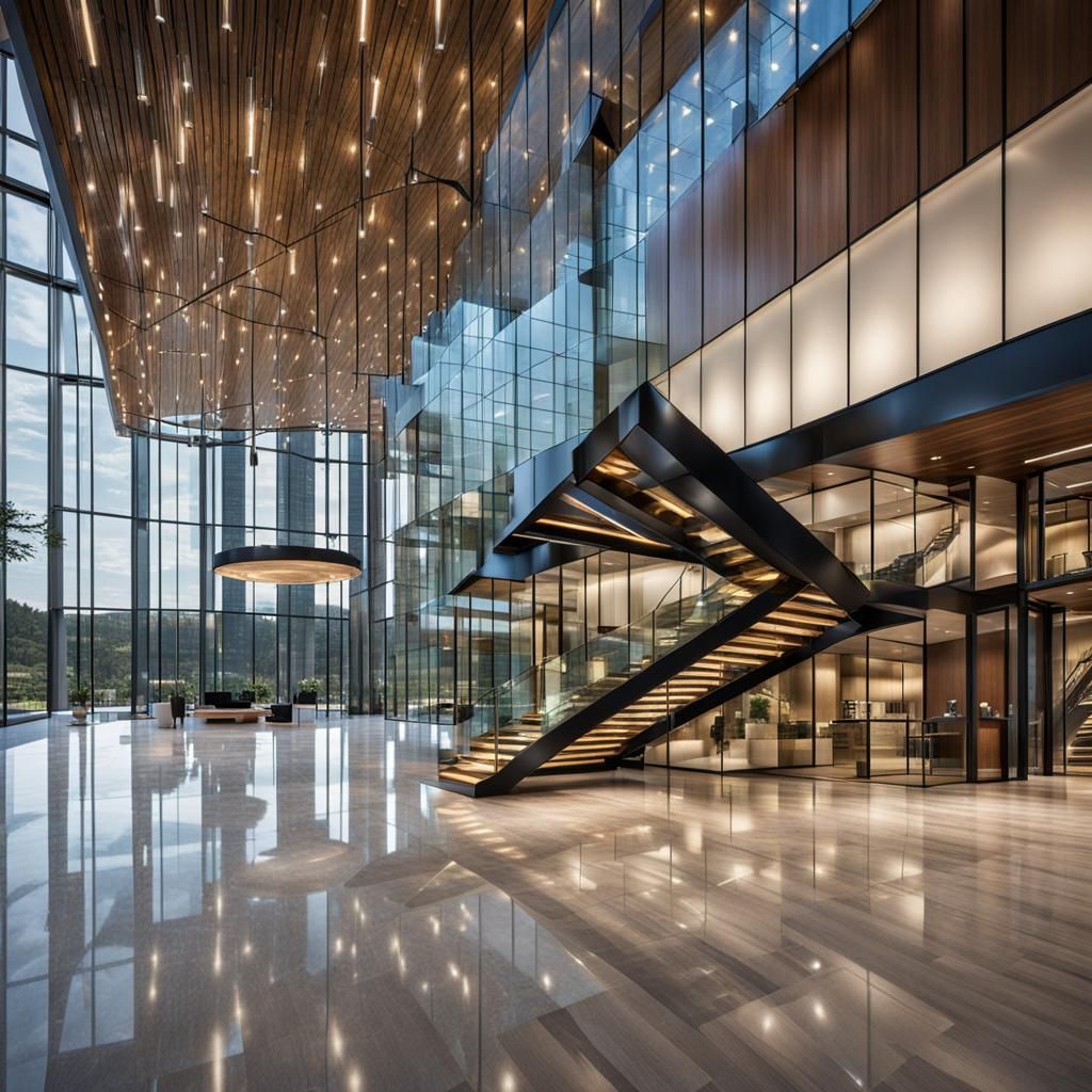 Modern Lobby with Glass Walls and Staircase