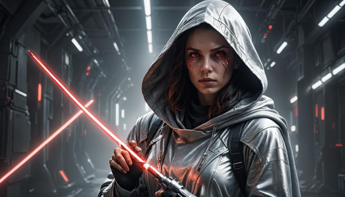 Silver Hooded Woman with Lightsaber in Sci-Fi Portrait