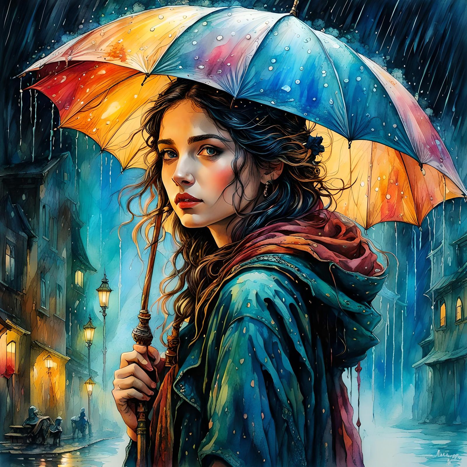 Retro Watercolor Illustration of Rainy Day Scene