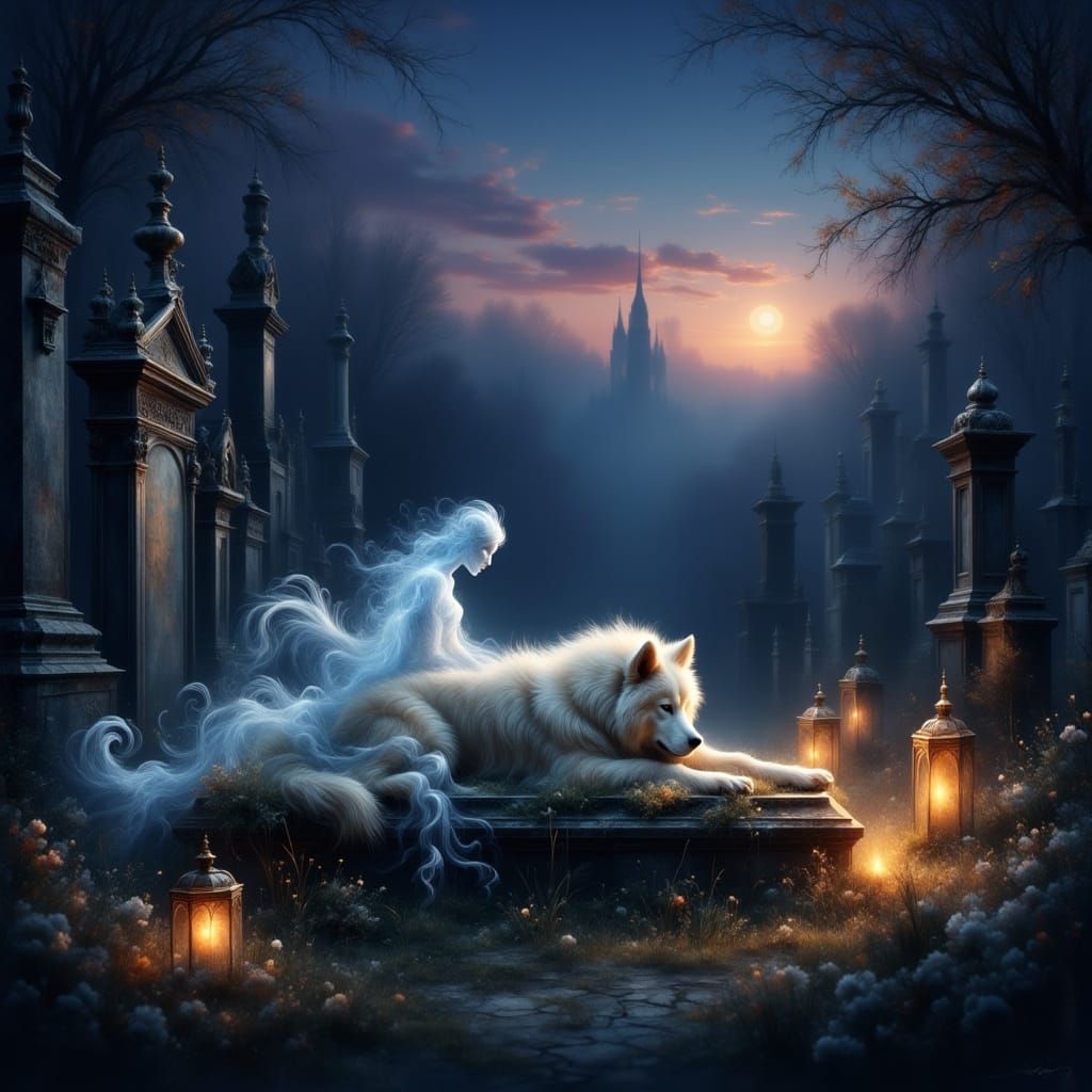 Twilight Cemetery Scene with Ghost and Dog