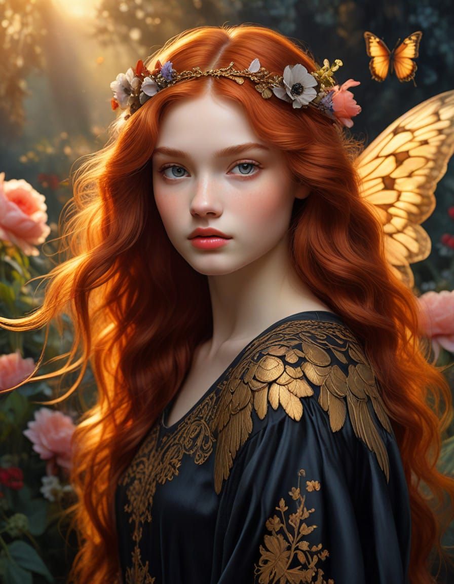 Angel in Elegant Black and Gold Lace Attire with Soft Focus...