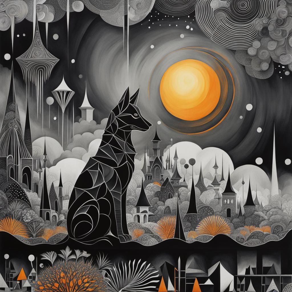 Ethereal Fantasy in Black Ink Cubist Drawing