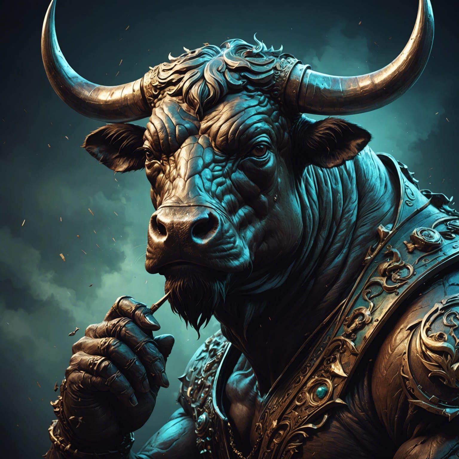 Powerful Bull Contemplating in Hyperdetailed Digital Art