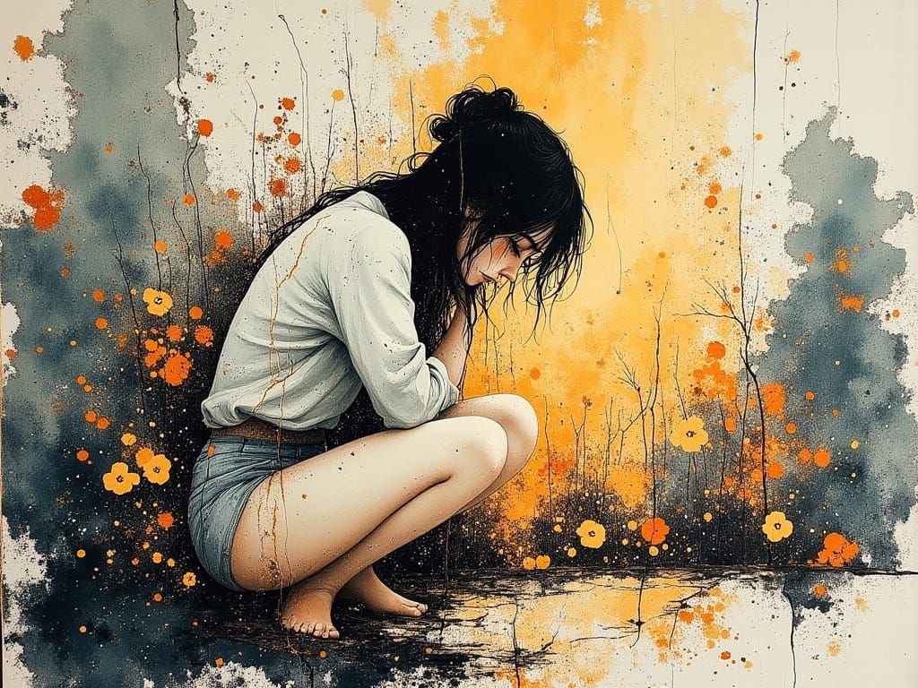 Sad Woman Amidst Vibrant Flowers in Pen & Ink Style