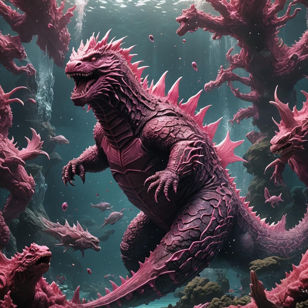 Pink Godzilla Underwater: Detailed Matte Painting