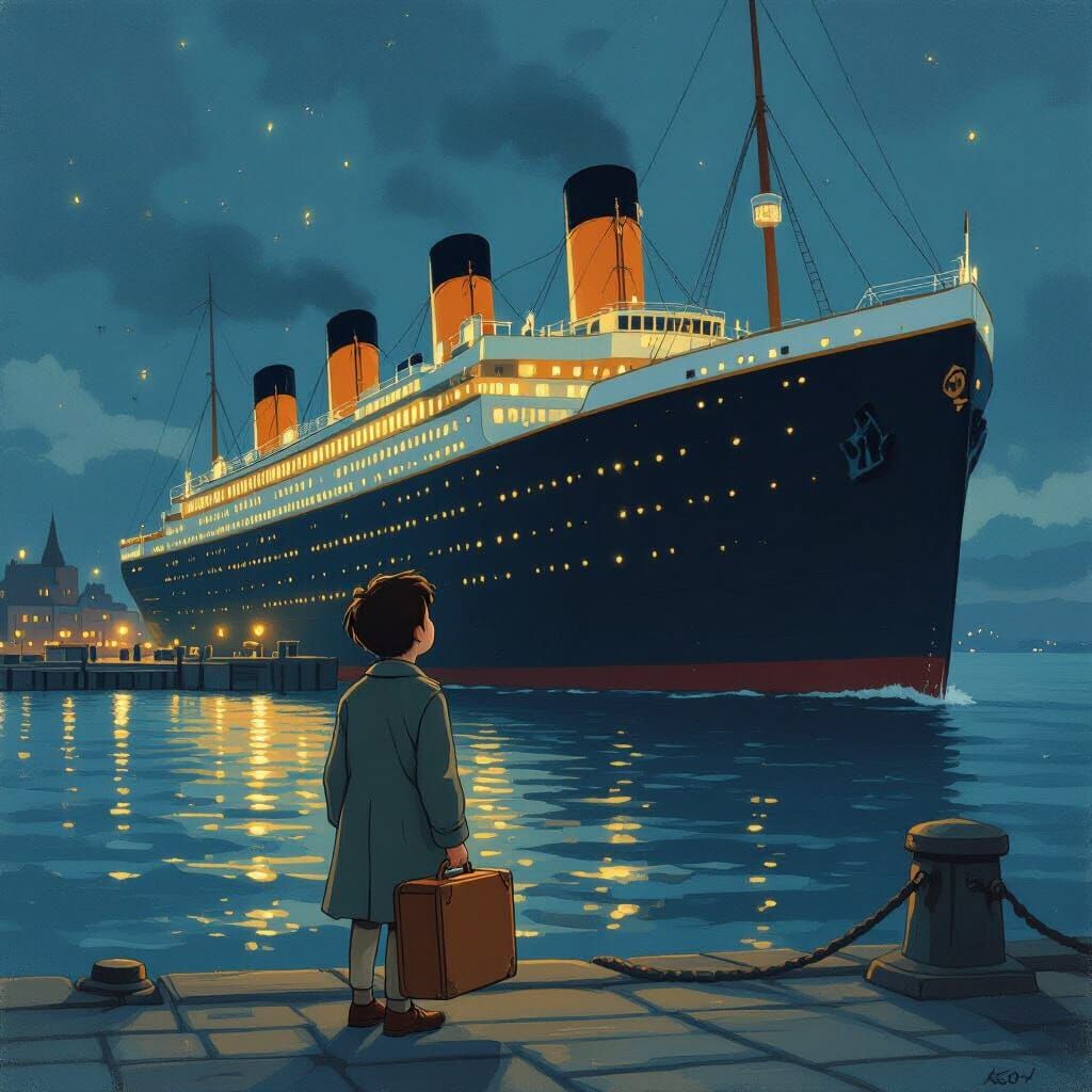 Boy Gazing at Titanic in Storybook Illustration Style