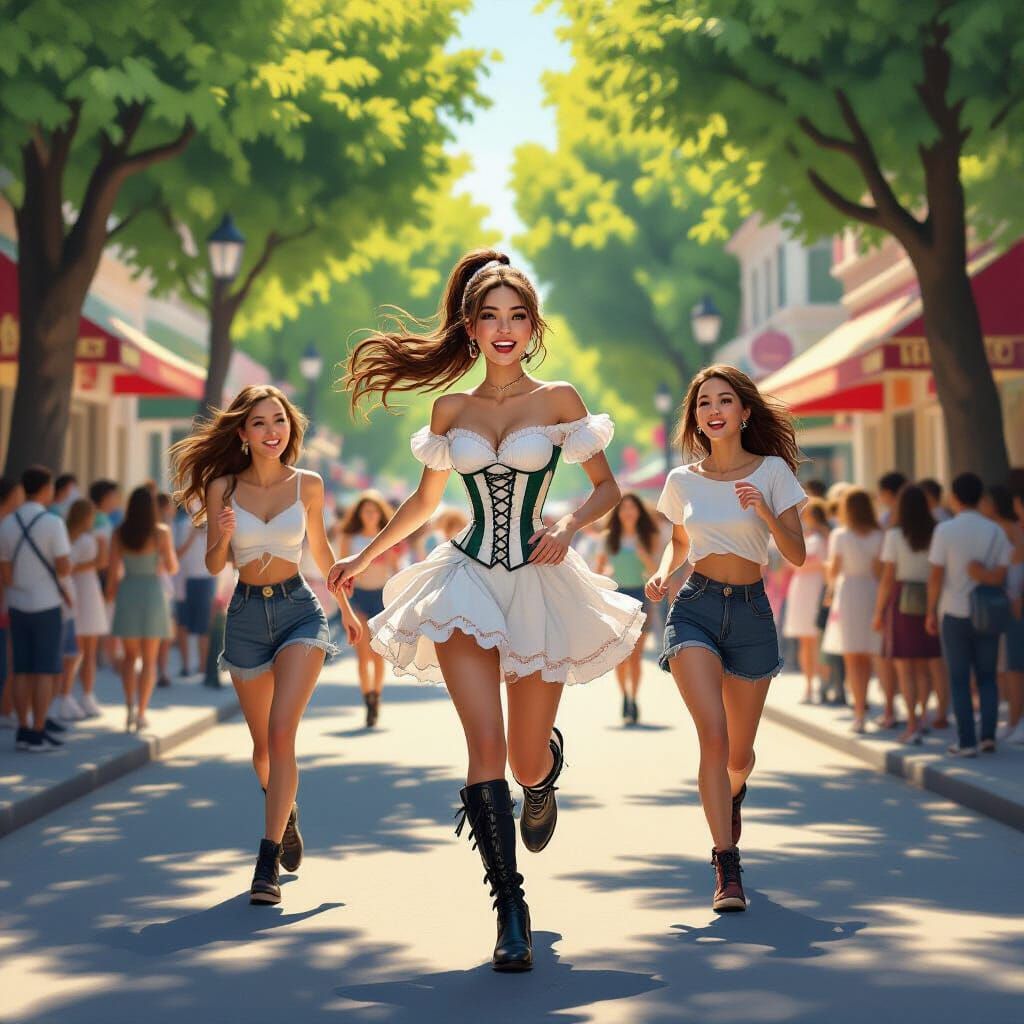 University Girl Joyfully Runs Down Vibrant Street with Girlf...