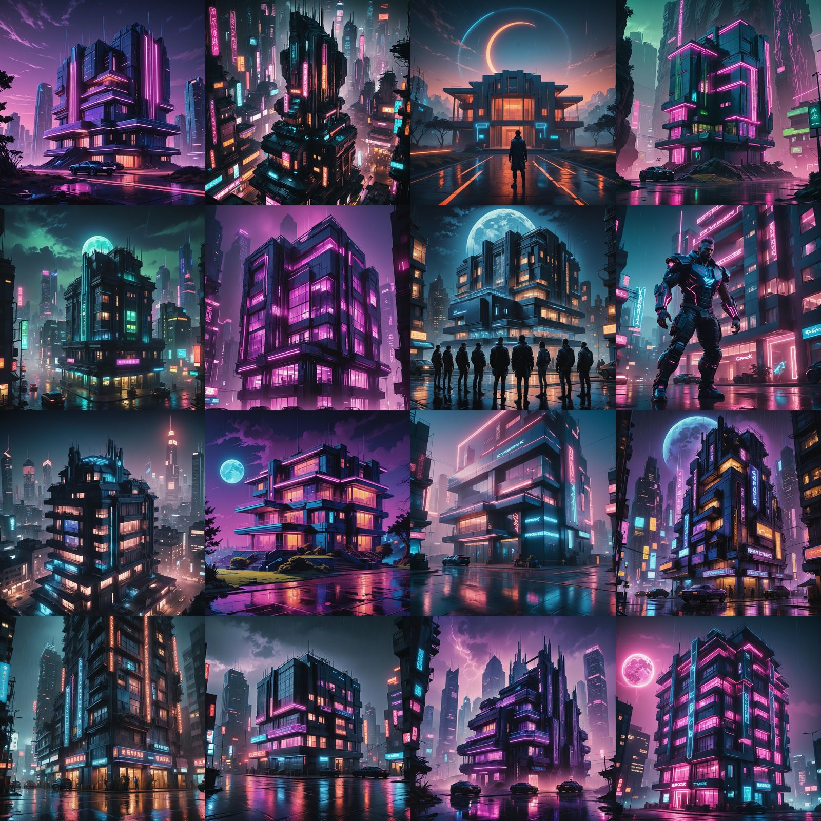 Futuristic Mansion Under Blue Moon in Cyberpunk Style