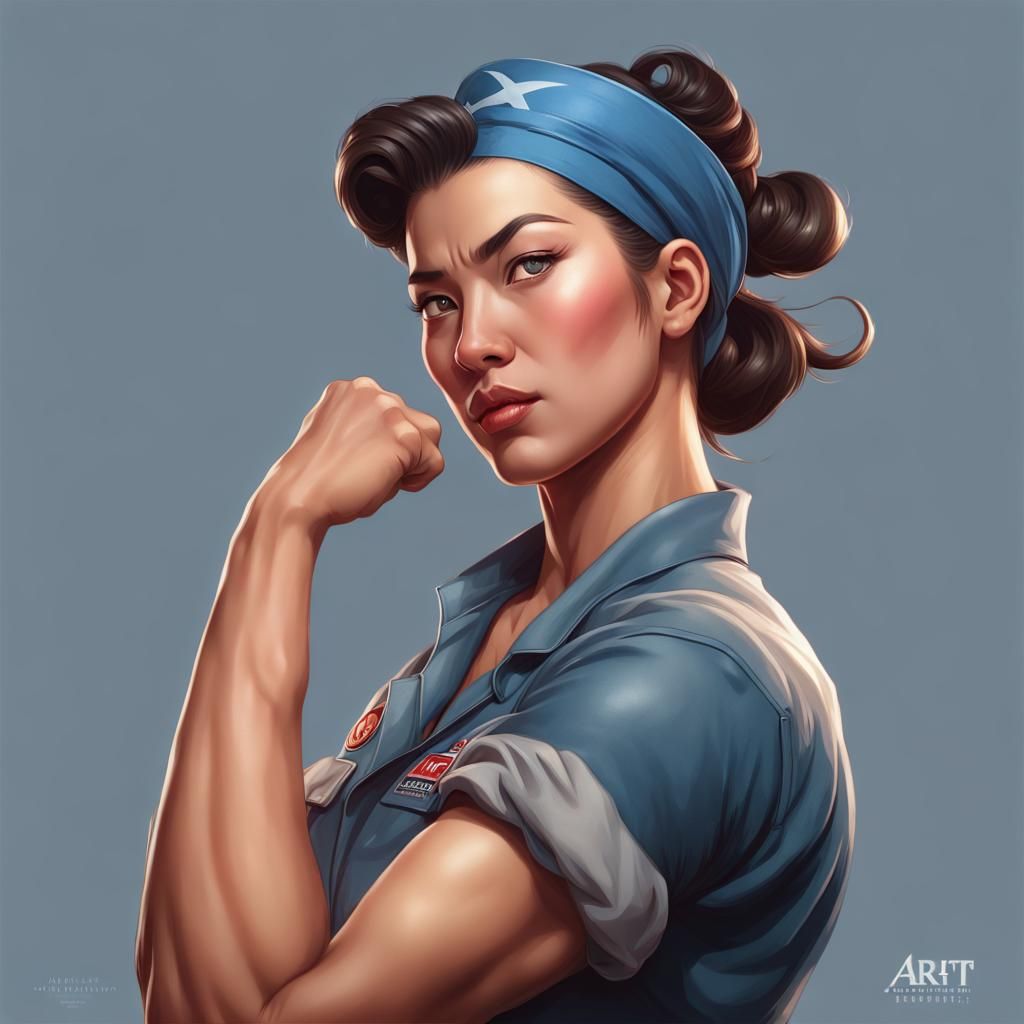 Asian Rosie the Riveter Portrait in Art Nouveau Style