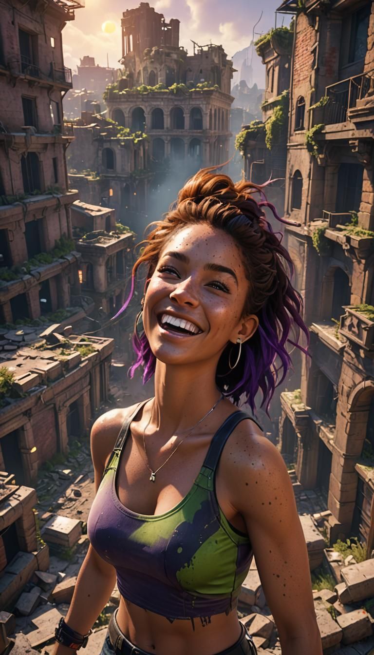 Glowing-Eyed Woman Laughing in Ruined City, UE5 Concept