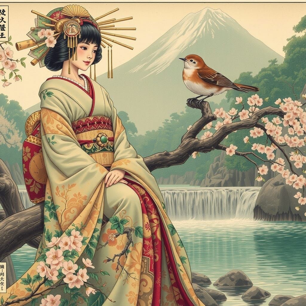 A Serene Miko by a Clear Mountain Spring in Retro-Japonisme ...