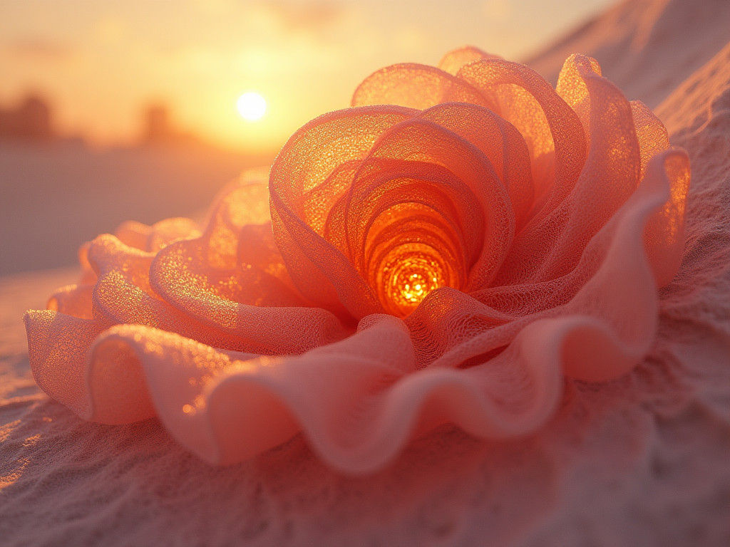 Anthropomorphic Ammonite in Tulle, Backlit Sunset