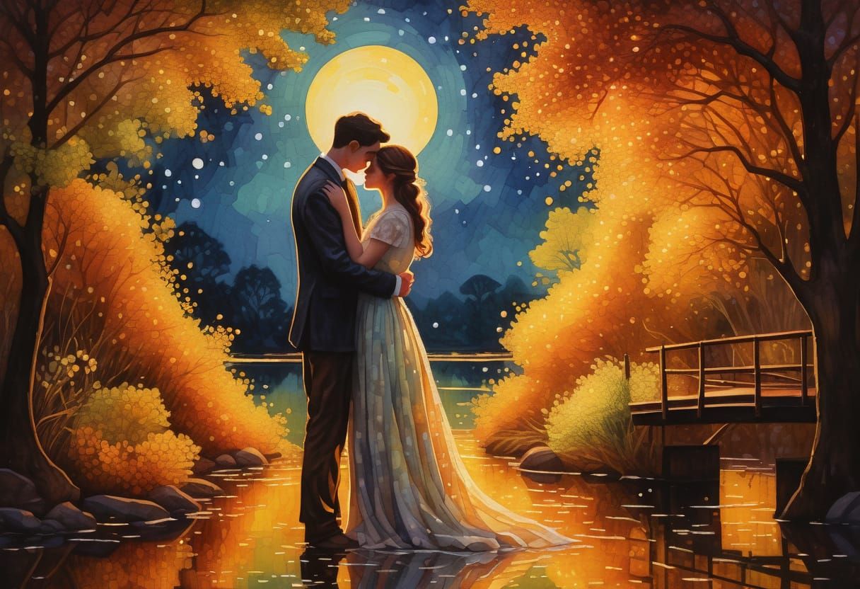 Victorian Couple by River in Pointillist Oil Painting