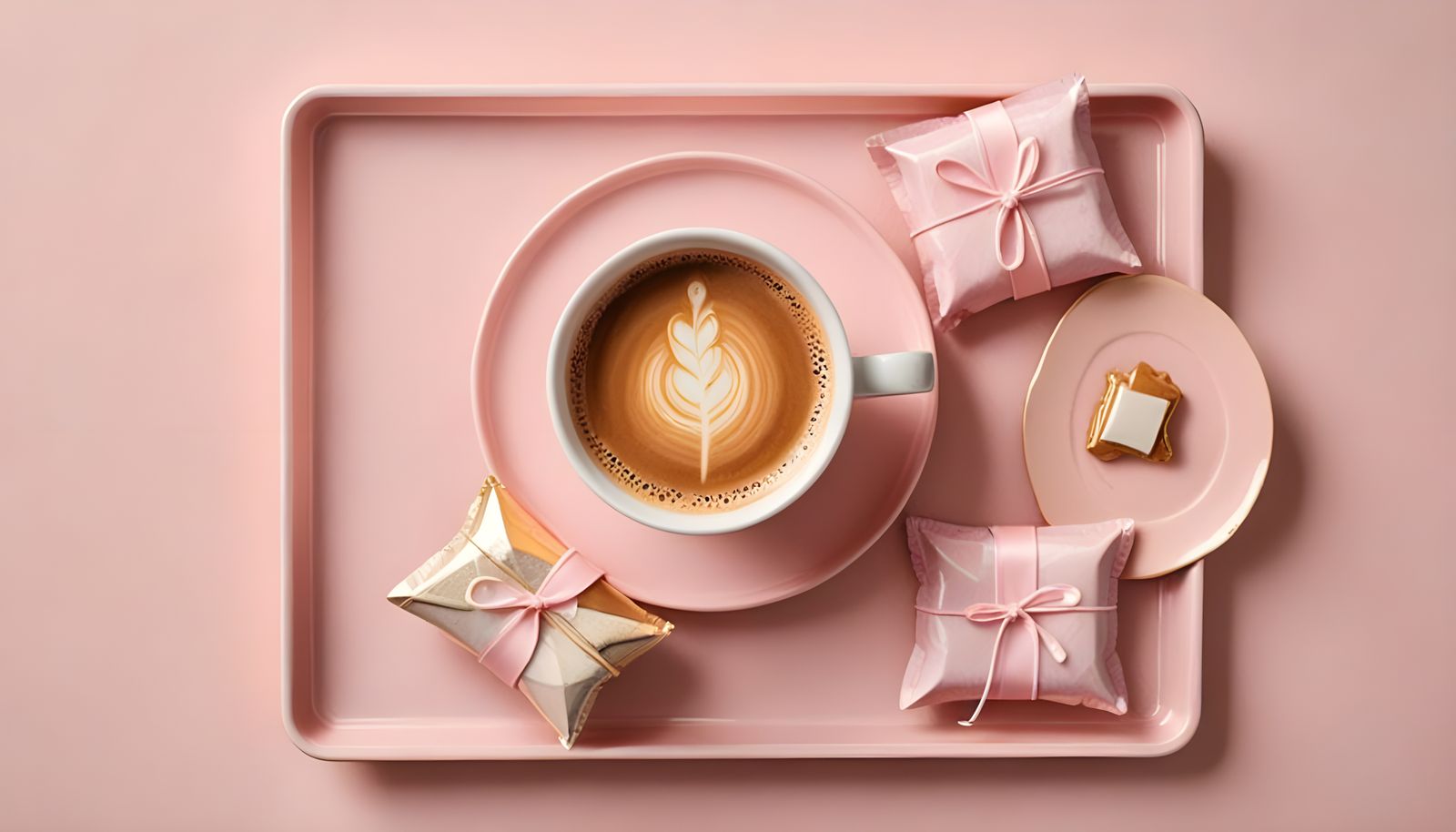White Coffee Sachet Set on Pink Tray