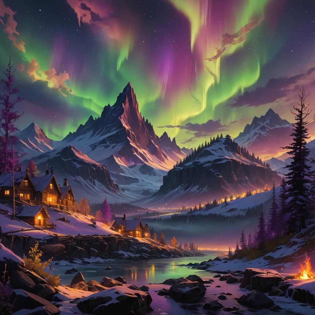 Spectacular Northern Lights in Dark Fantasy Style
