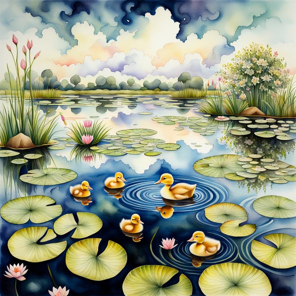 Vibrant Watercolour Landscape with Quacking Ducklings