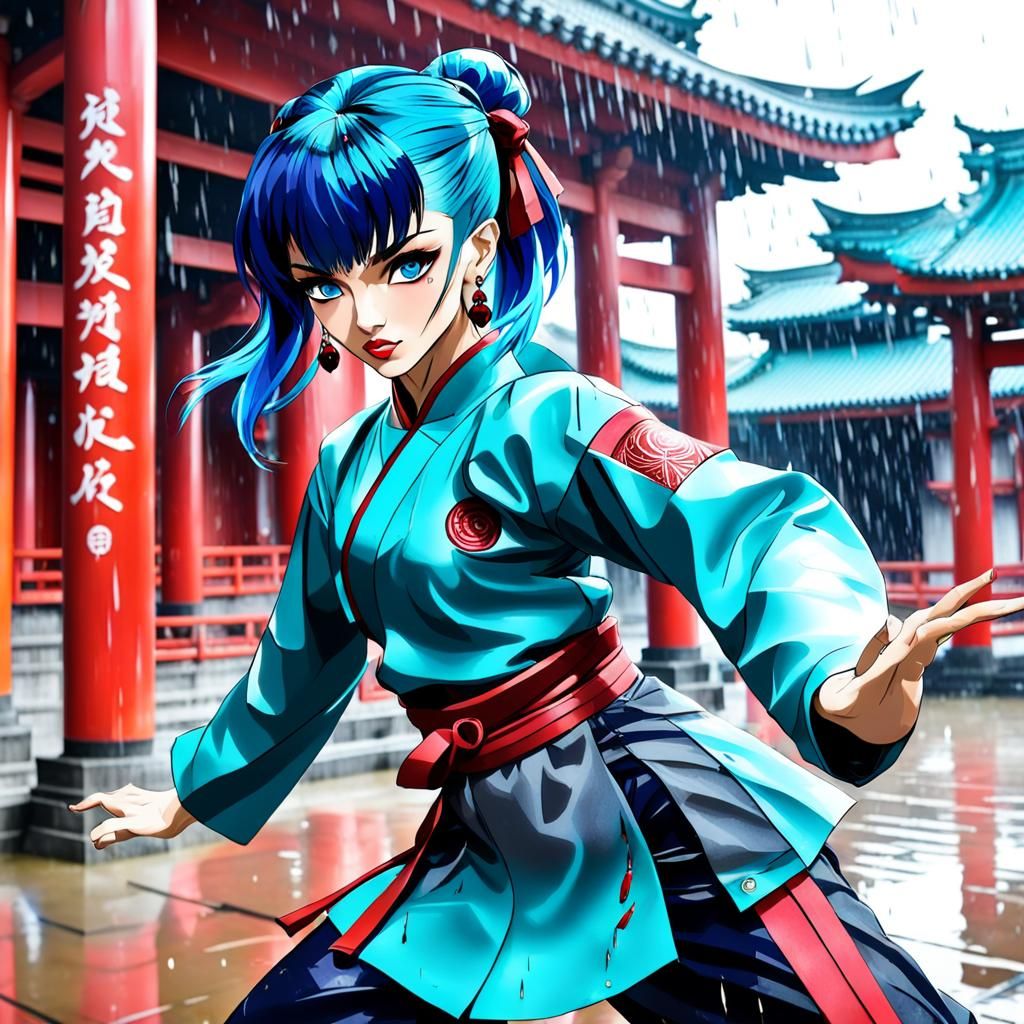 Girl Training in Kung Fu at Shinto Temple