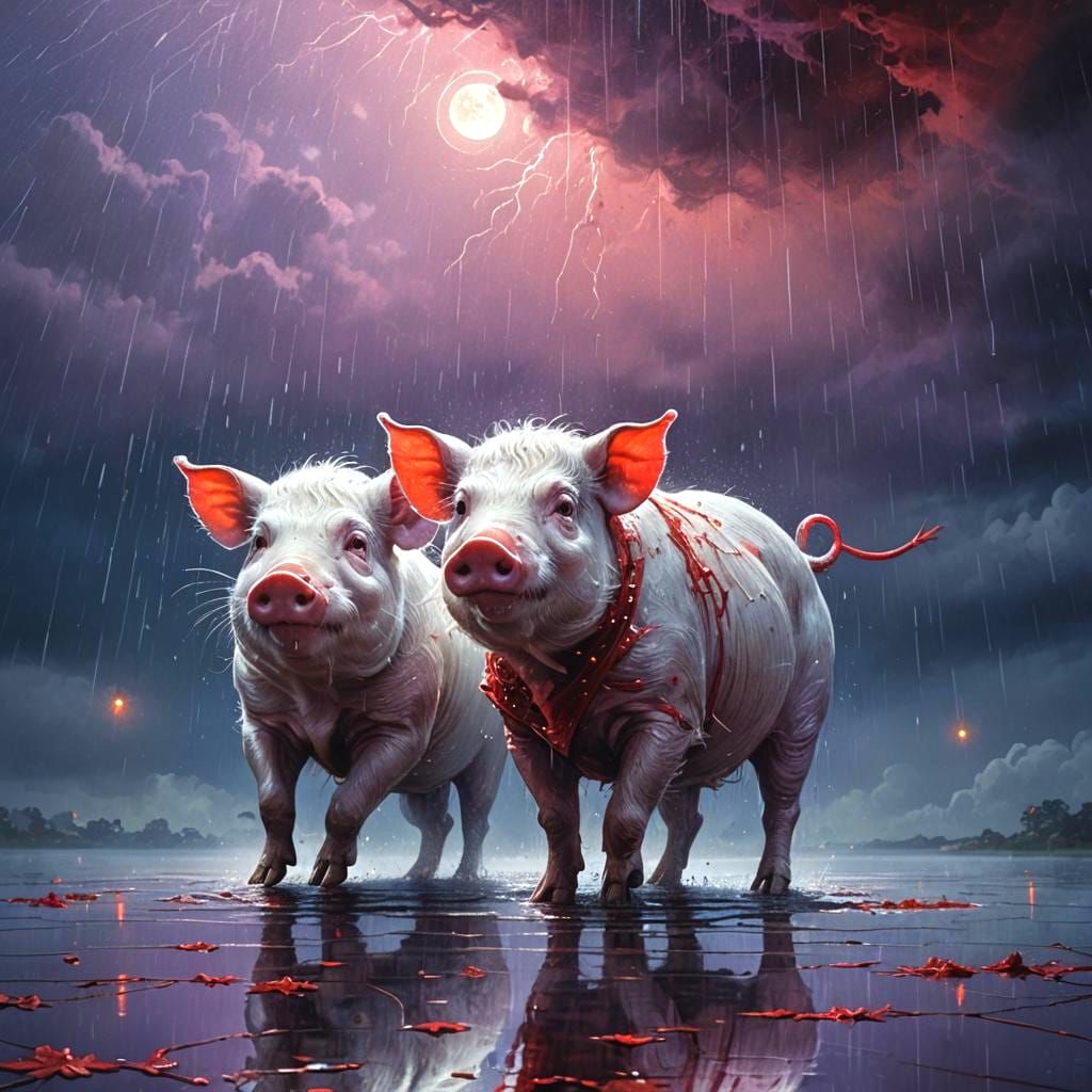 Pink Creature and Red Rat Dancing in Rain