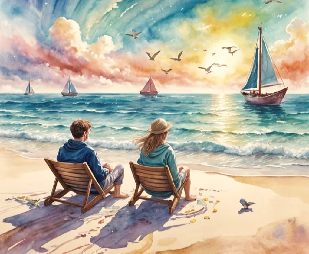 Pastel Seascape Watercolor Painting with Beach Scene