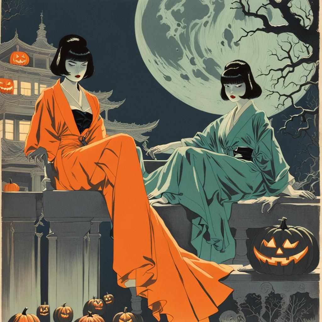 art by Goyo Hashiguchi and Takabatake Kasho. Taisho-era Halloween lesbian pulp fiction collage cover. Vintage Taisho and...