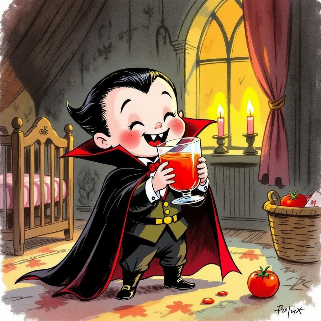 Toddler Dracula Enjoys Tomato Juice in Gothic Nursery