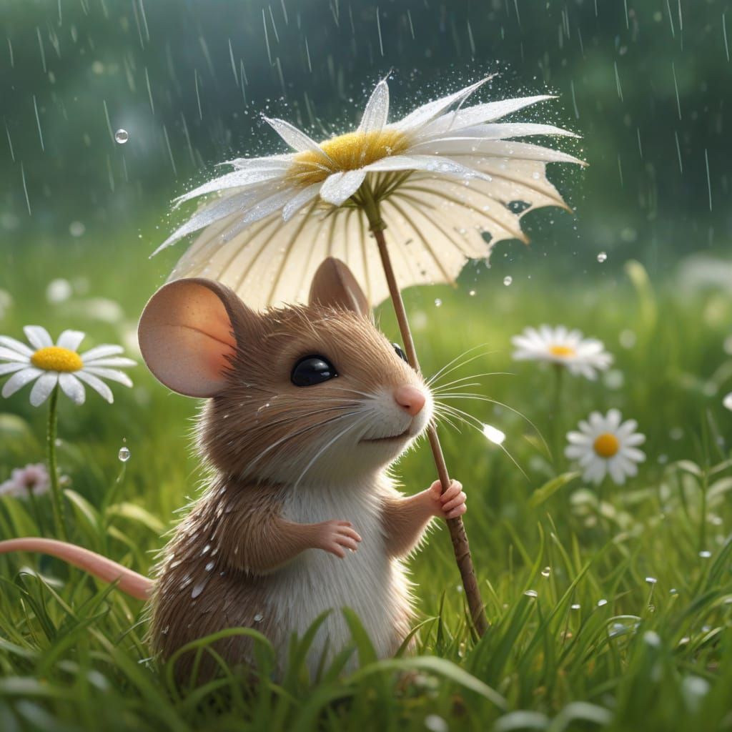 Mouse Under Daisy Umbrella in Fantasy Style