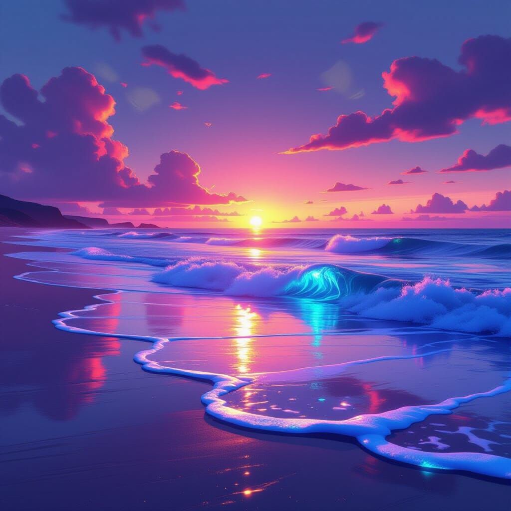 Liquid Light Beach Sunset With Neon Waves