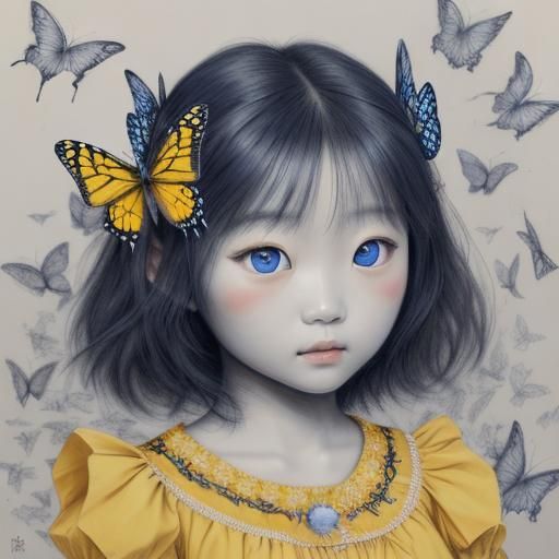 South Korean Girl in Butterfly Dress, Charcoal Drawing