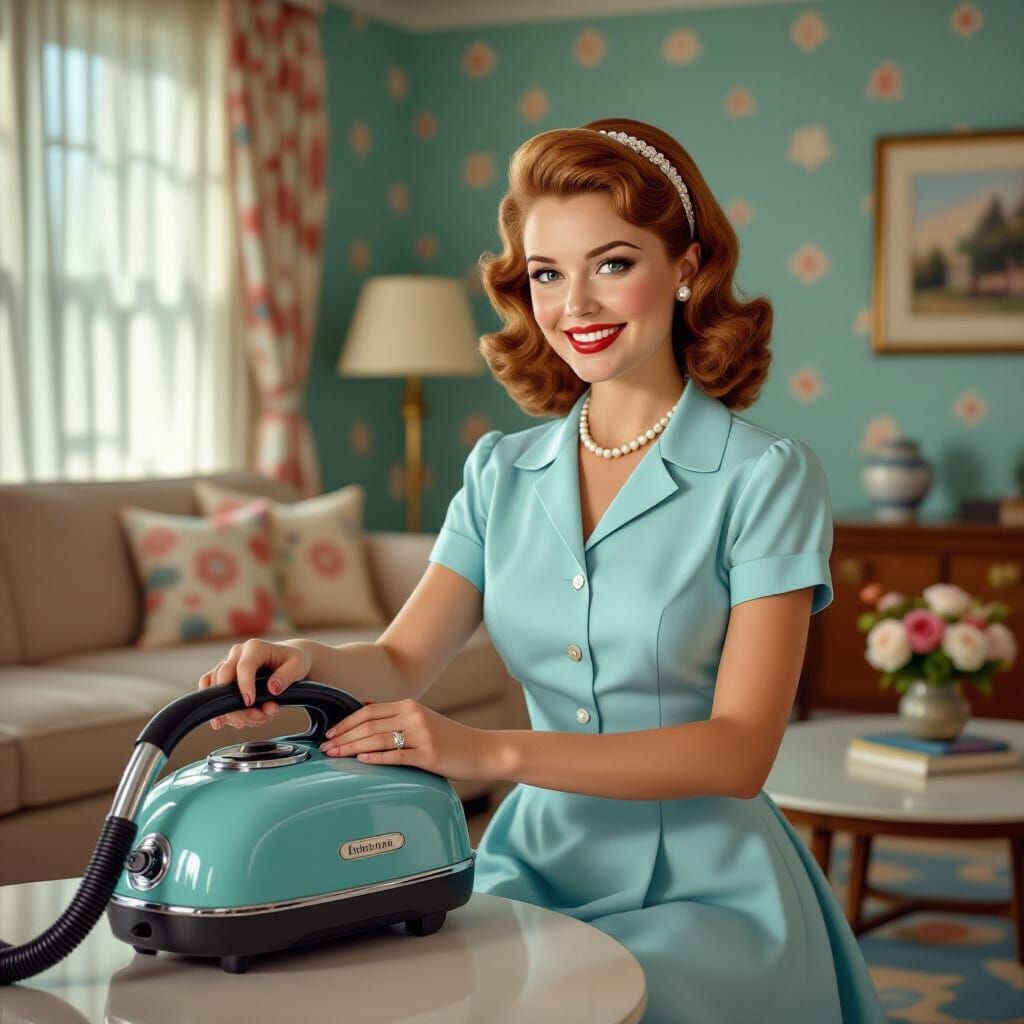 Redhead Housewife Vacuuming in Hyperrealistic Style