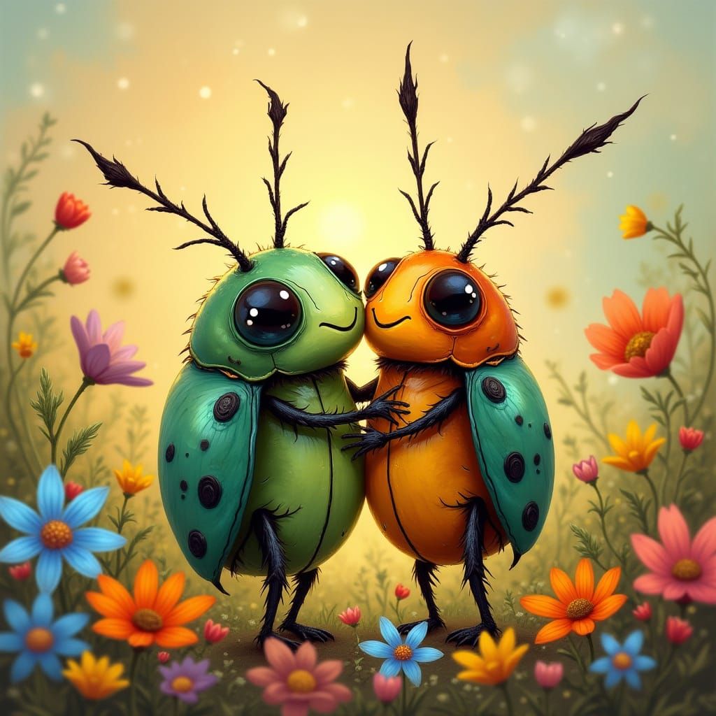 Whimsical Beetlefolk Embracing in a Dreamy Flower Garden