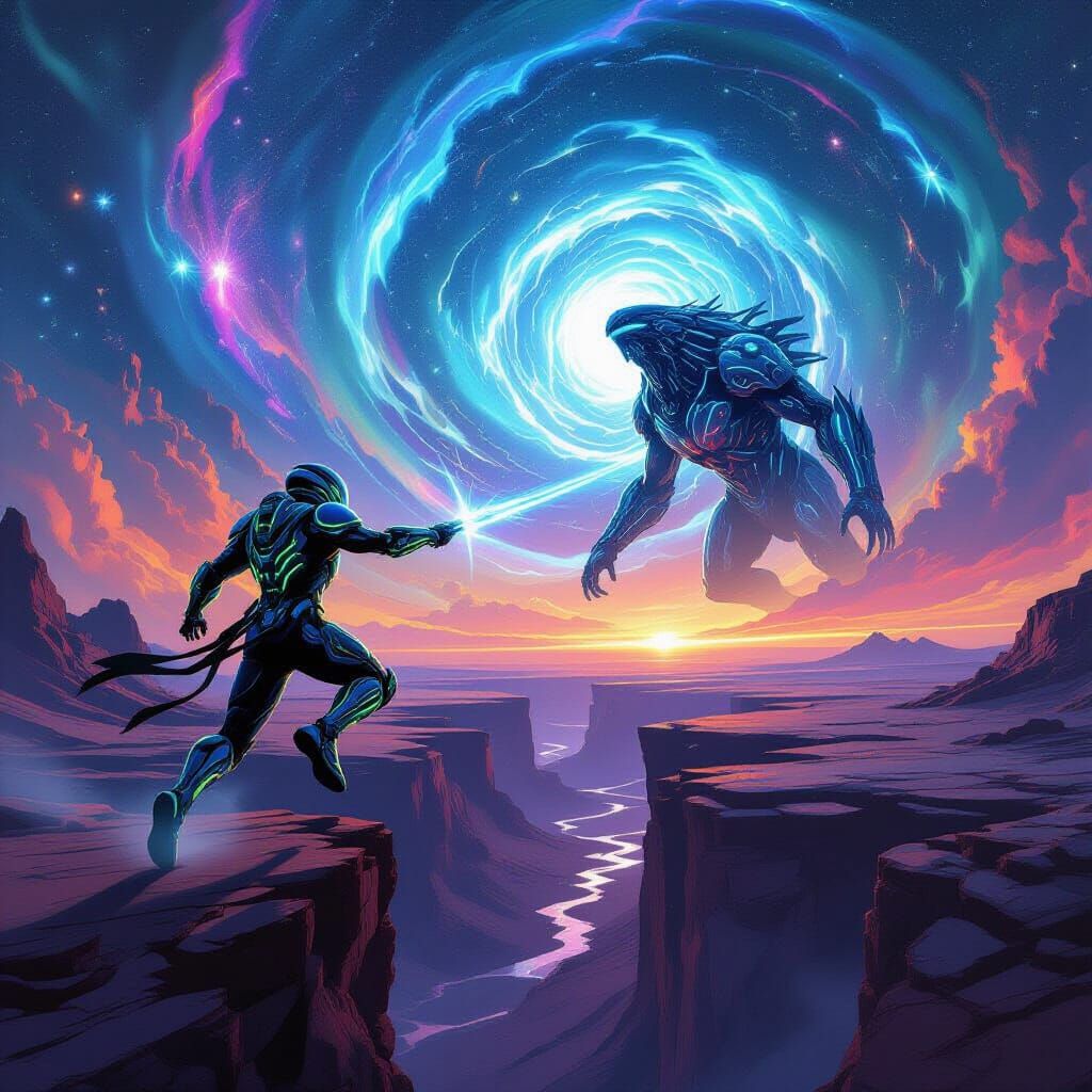 Alien Warrior vs Crystal Creature in Dynamic Sci-Fi Art
