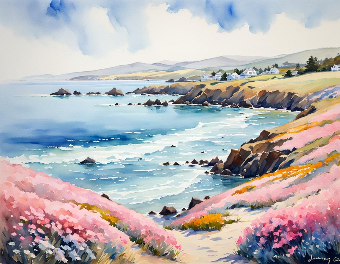 Bodega Bay in Watercolor Style with Ice Flowers