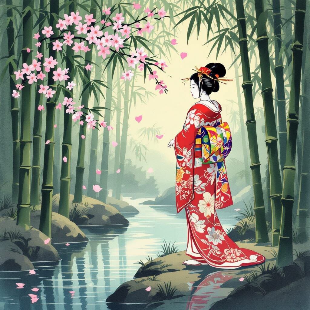 Geisha in Bamboo Grove by Shimmering Pool