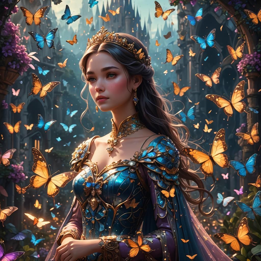 Princess Surrounded by Sparkly Butterflies: Fantasy Art
