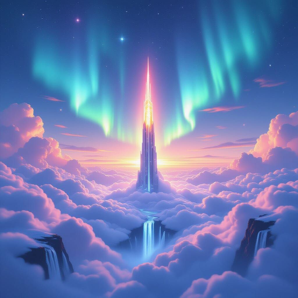 Celestial Spire Ascending Through Aurora Skies
