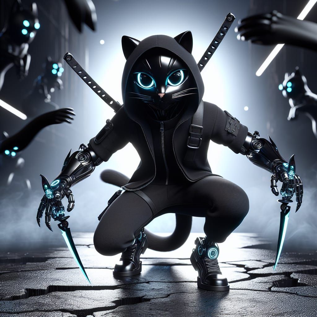 Cyberpunk Ninja Cat Humanoid in Decaying City