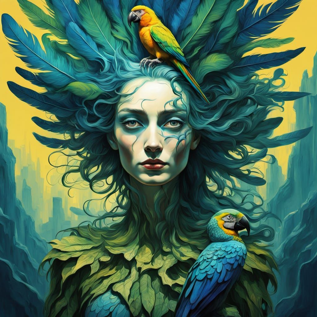 Surreal Woman Transforms Into Parrot With Vivid Feathers