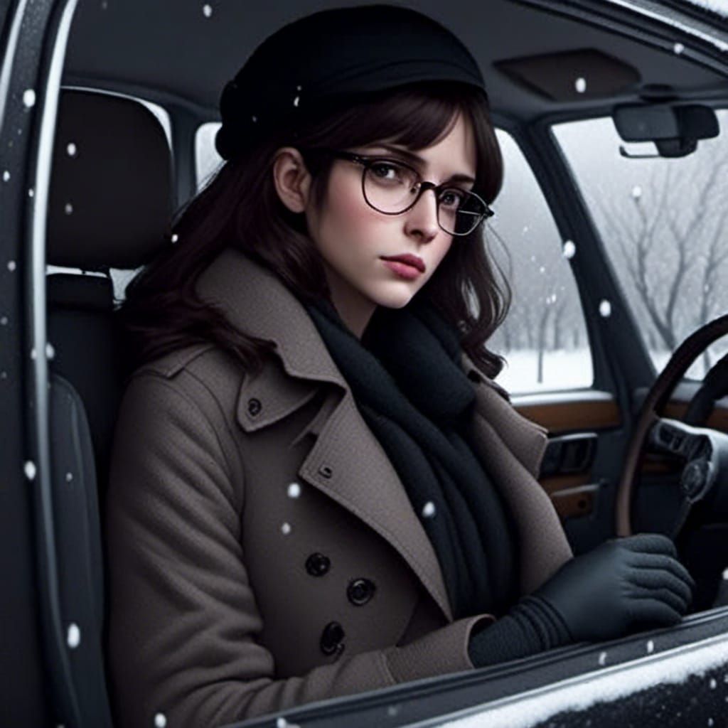 Snowy Car Scene with Gloves and Glasses
