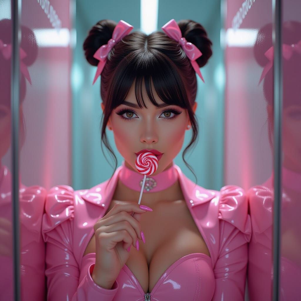 Shy Woman in Pink Cosplay with Detailed Nails