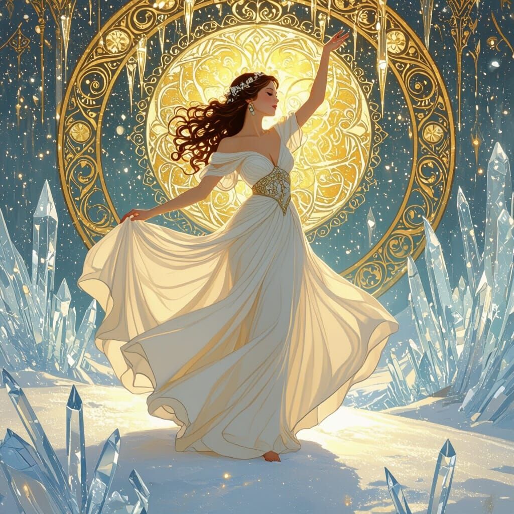 Woman Dancing on Gold Snow in Art Nouveau Style