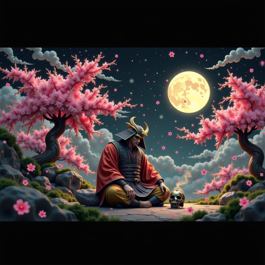 Samurai Contemplation with Skull, Neon Accents