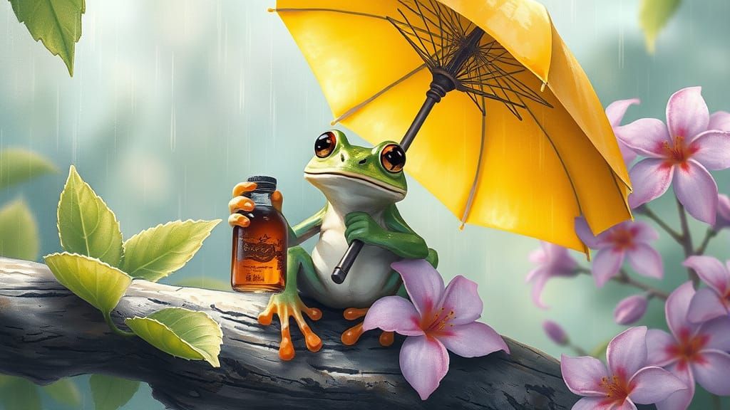 Frog on Branch Under Umbrella in Watercolor Style