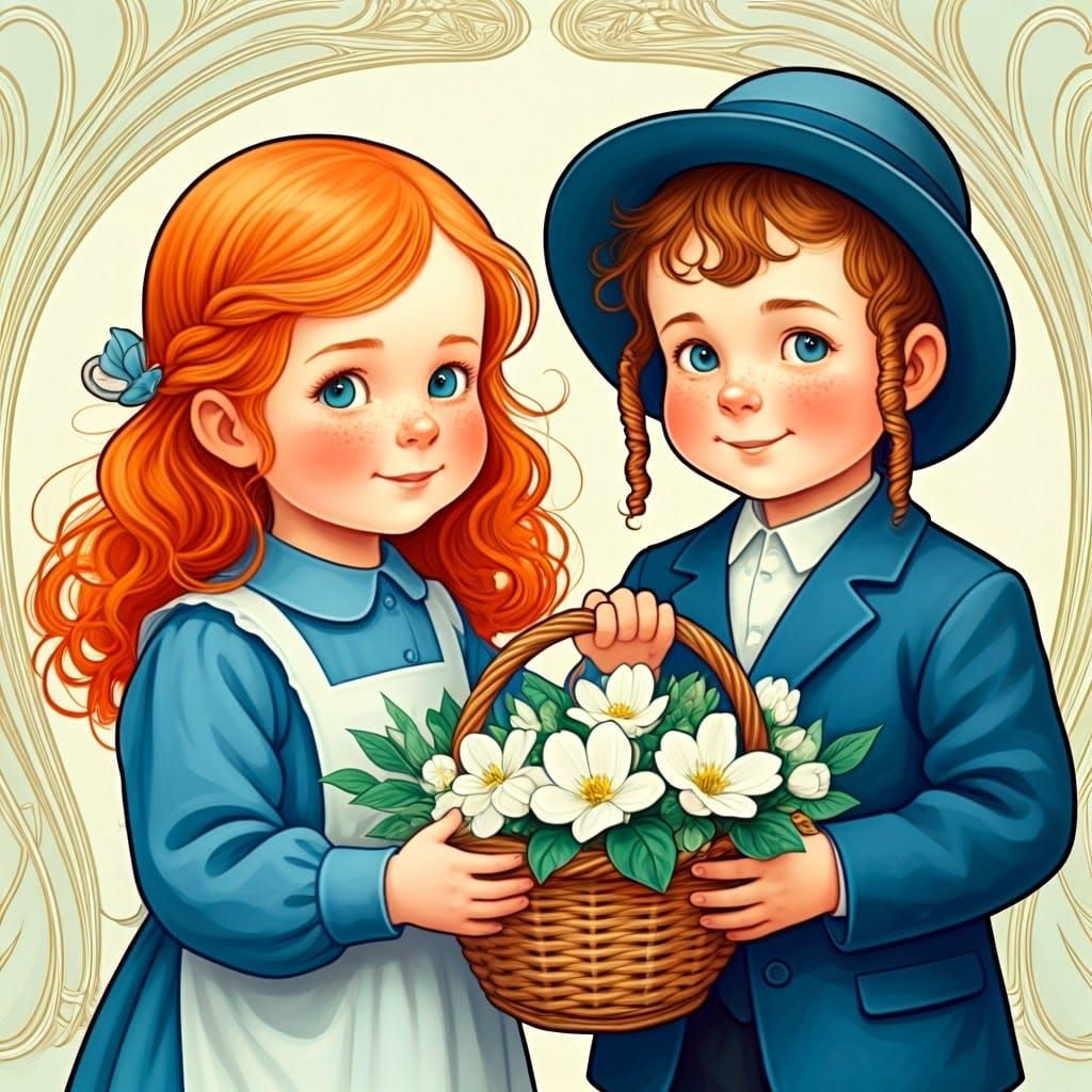 Vintage Haredi Children in Whimsical Illustration