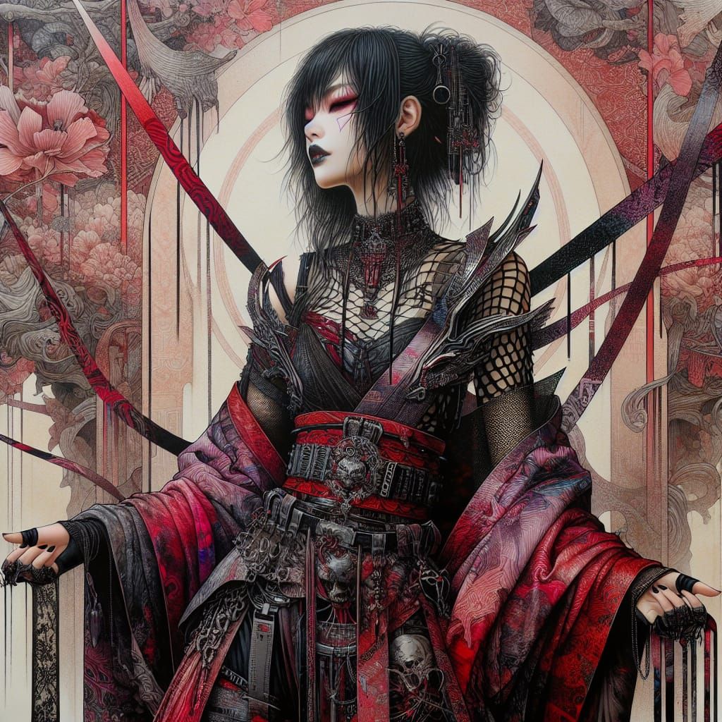 Ethereal Asian Punk Goddess in Virgin Red Kimono