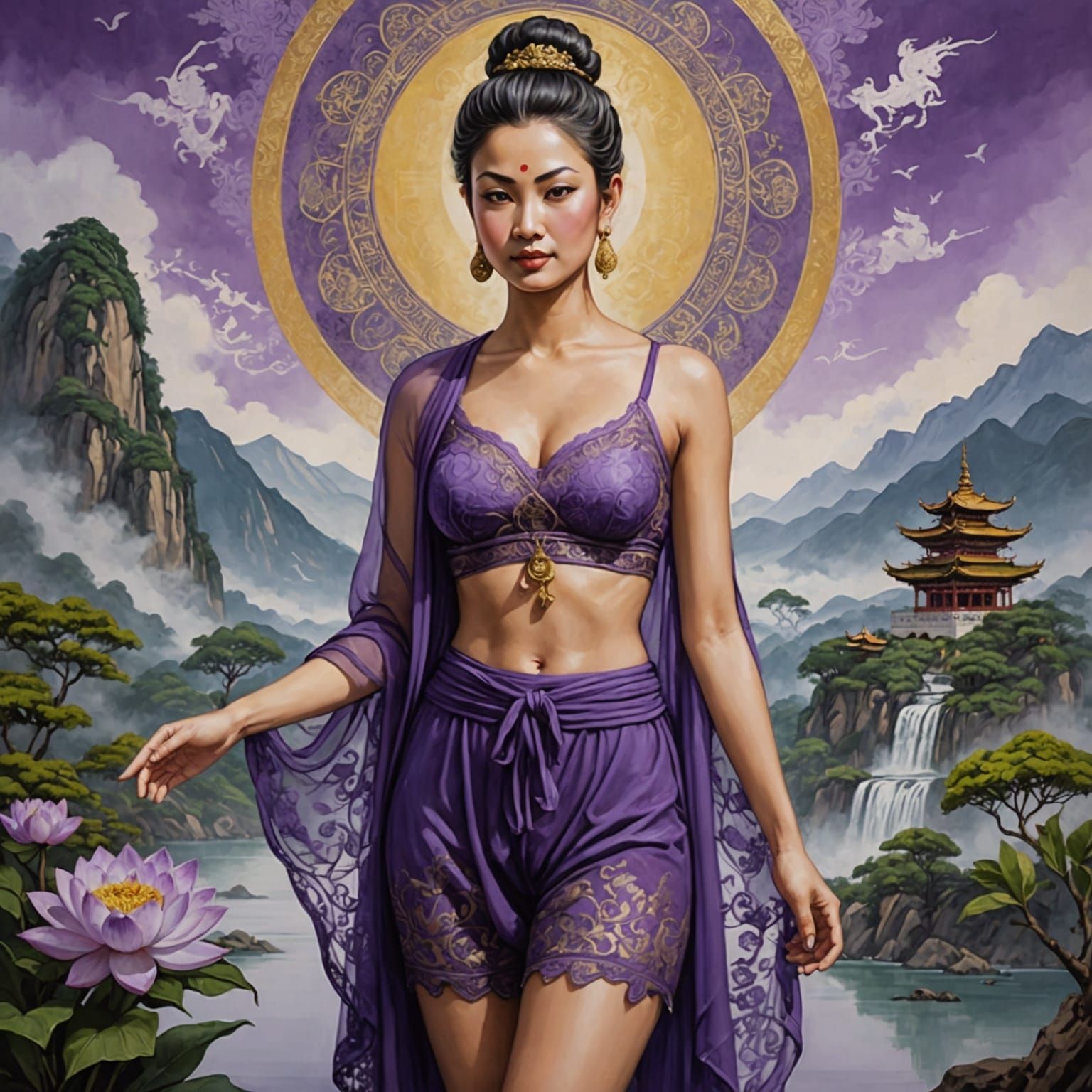 Maitreya Buddha's Message with Woman in Purple, Detailed Fan...