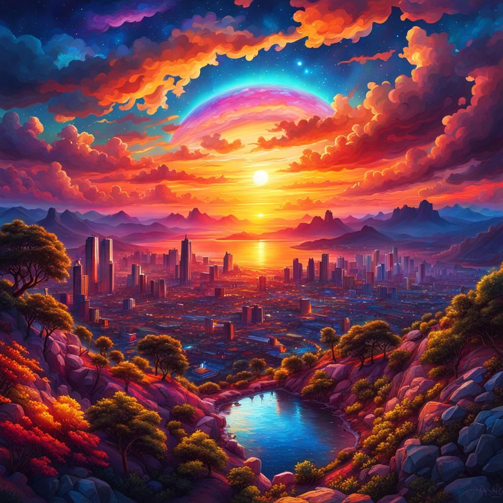 Magical Vibrant Sunset with Super Blue Moon