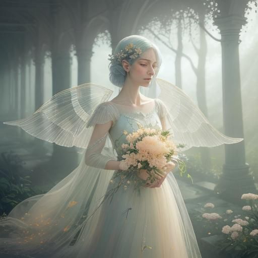 Ethereal Fairy with Golden Wings in Dreamlike Setting