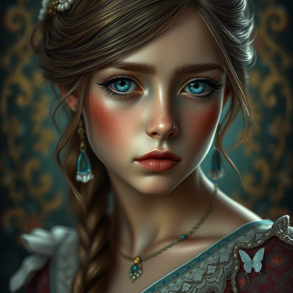 Sad Girl Portrait in Art Nouveau Style