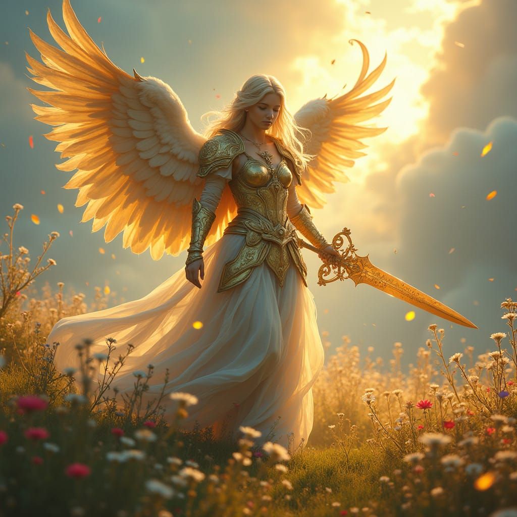 Golden-winged Angel in Vibrant Celestial Field, Holding Glow...